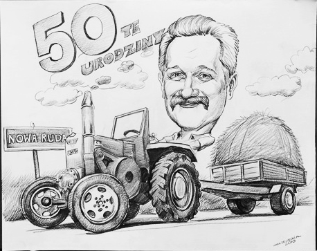 karykatura na traktorze na 50