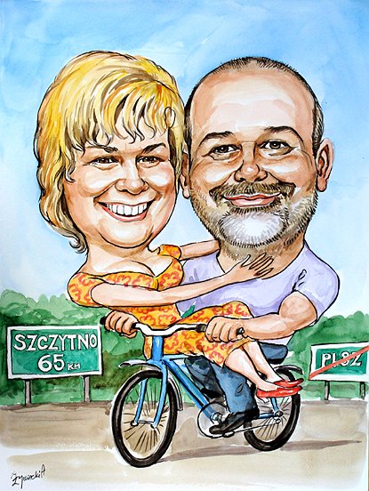 Kolorowa karykatura rowerzysty na 35 rocznic� �lubu
