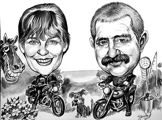 Karykatura motocyklist�w - �mieszny prezent na 35 rocznic� �lubu