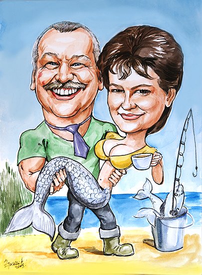 Karykatura w�dkarza na 30 rocznic� �lubu - prezent z pasj�