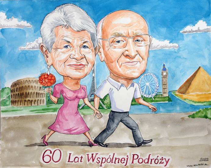 Karykatura pary podr�nik�w na prezent na 60 lat razem