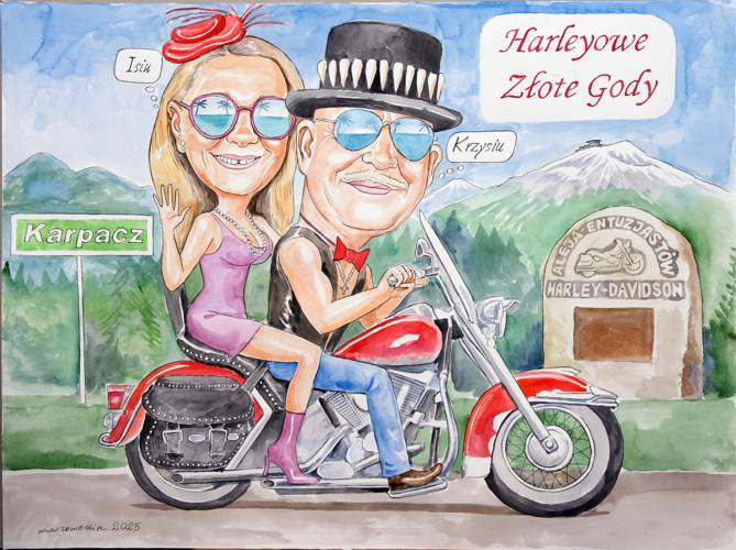 karykatura na harleyu na 50 rocznic� �lubu