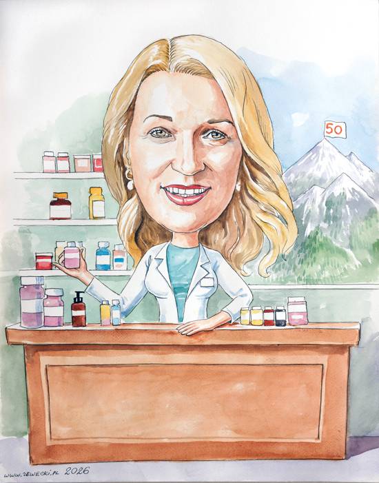 karykatura dla farmaceutki na 50 urodziny