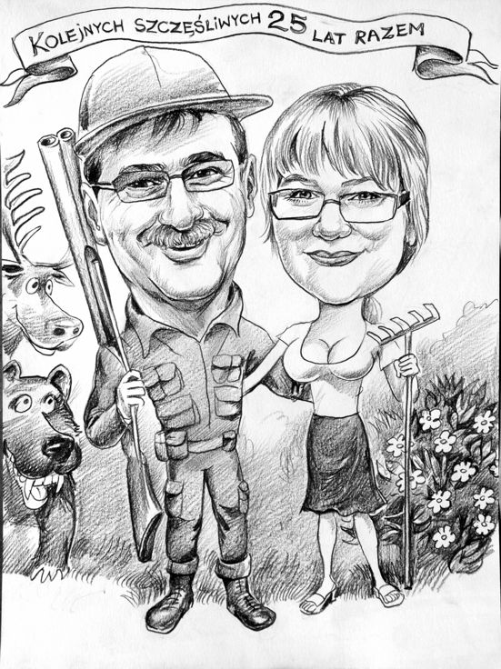 Prezent na 25 rocznic� �lubu dla my�liwego - karykatura tematyczna