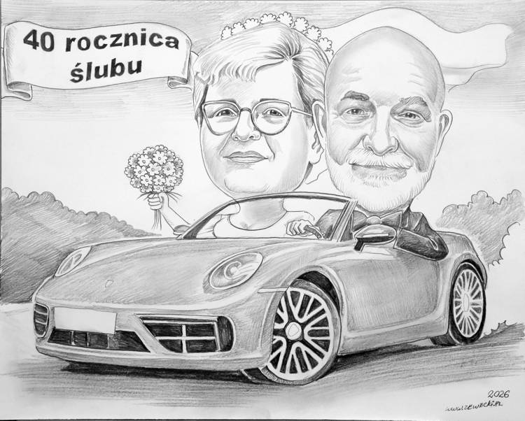 karykatura na 40 lat razem w porsche