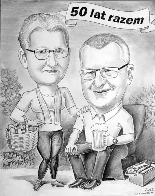 Karykatura na grzybobraniu jako prezent na 50 lat razem