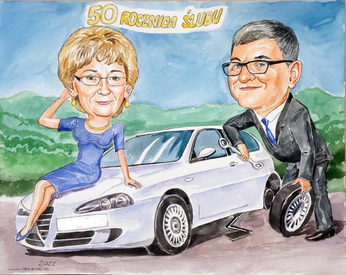 Karykatura przy samochodzie jako prezent na 50-lecie ma��e�stwa