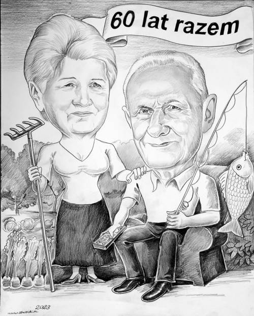 Wyj�tkowy prezent na 65 rocznic� �lubu - karykatura tematyczna z pasjami