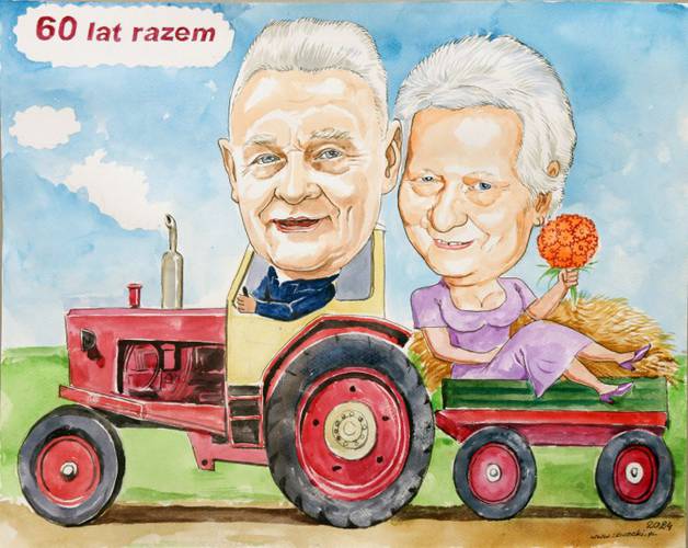 Karykatura z traktorem jako prezent na Diamentowe Gody