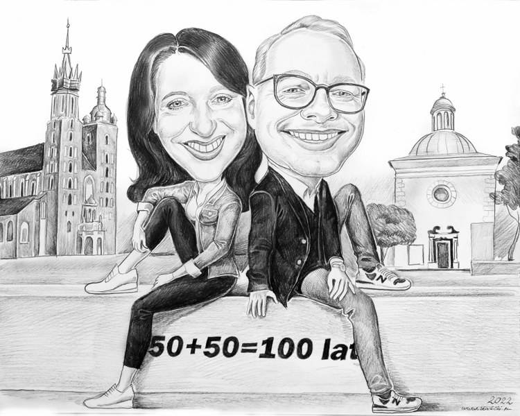 para na tle ko�cio�a mariackiego w karykaturze